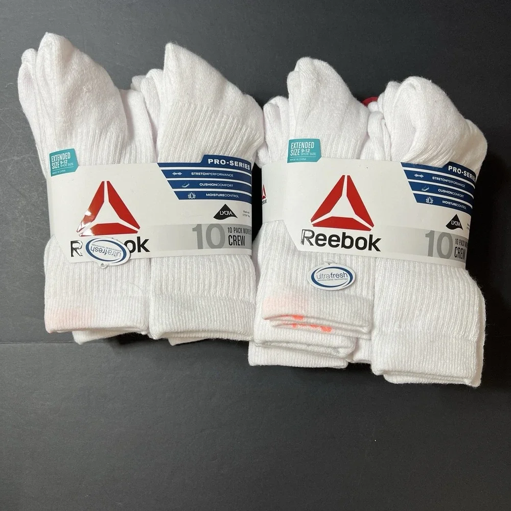 Women's Socks Crew 10 pack (9-12) White Reebok Pro-Series High Quality Lot Of 2